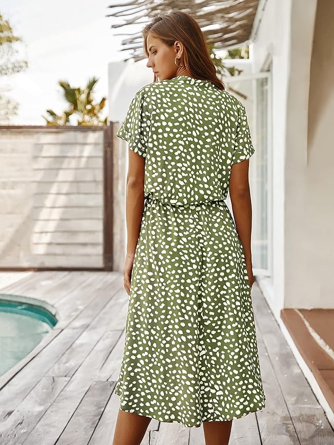 Chic Midi Dress With Polka Dot Pattern And Waistband